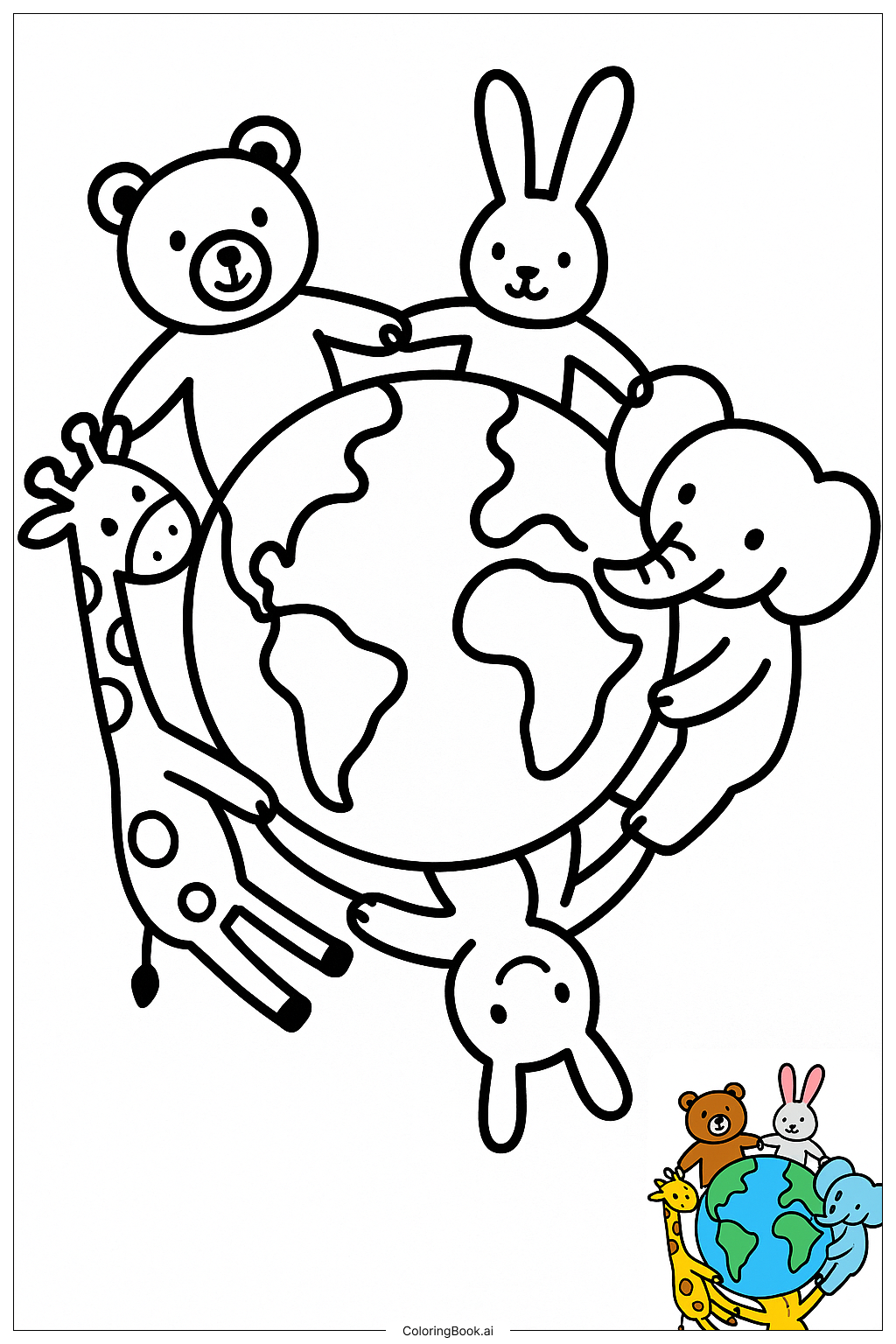  地球日動物圍著地球牽手著色頁 