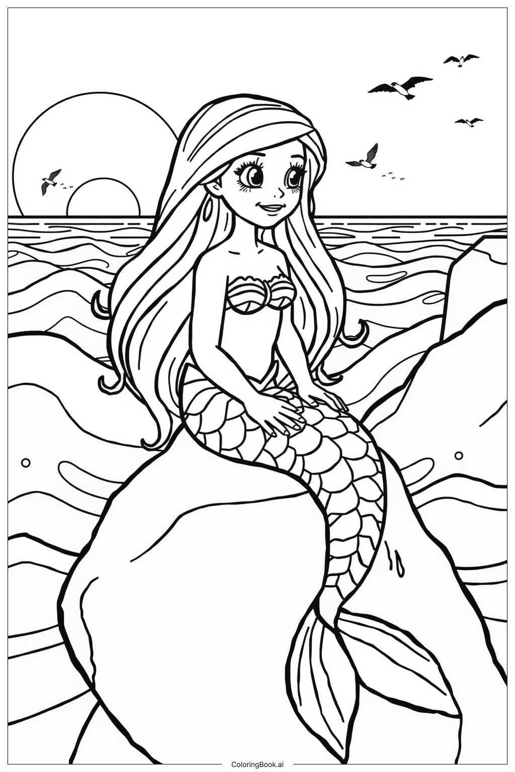  Página para colorear de Sirena en la playa al atardecer 