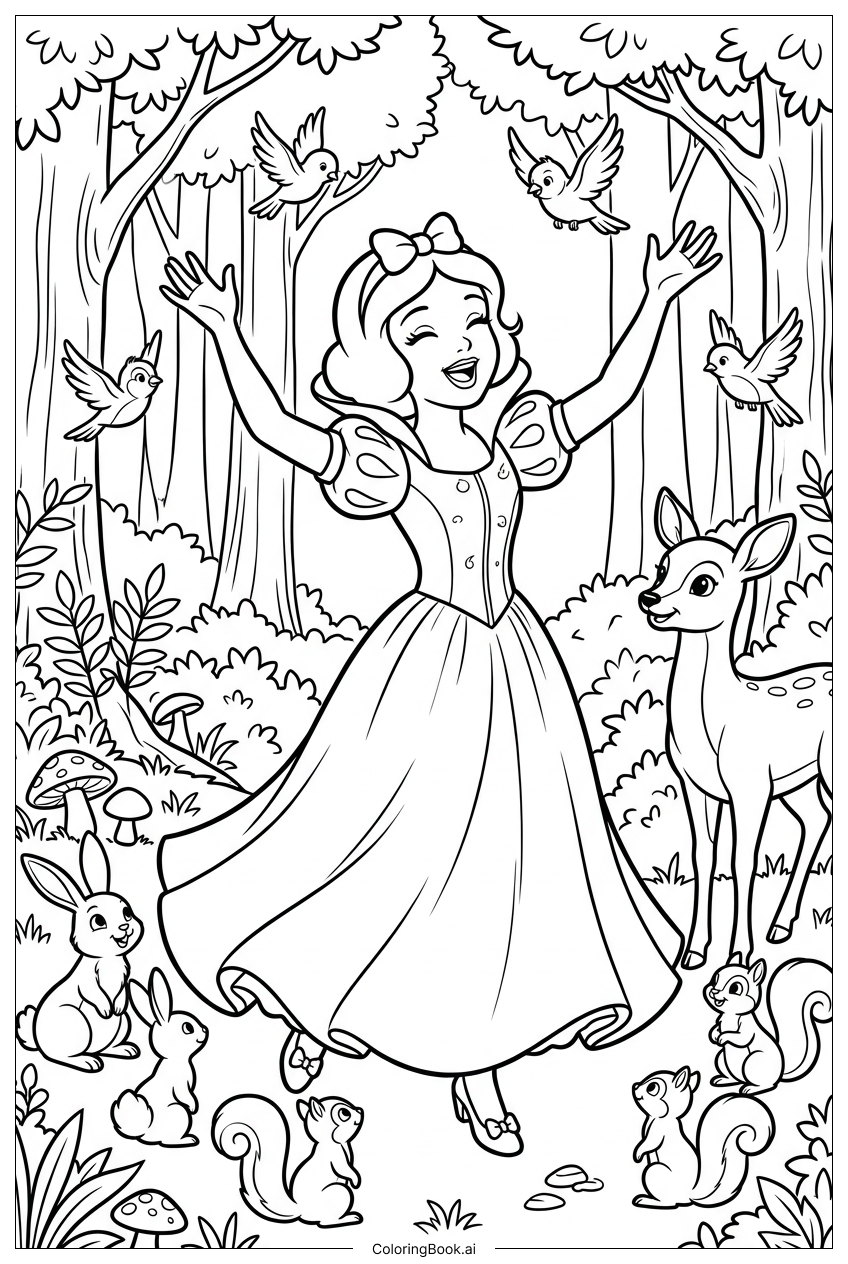  ディズニープリンセスと森の動物たちの歌の塗り絵ページ 