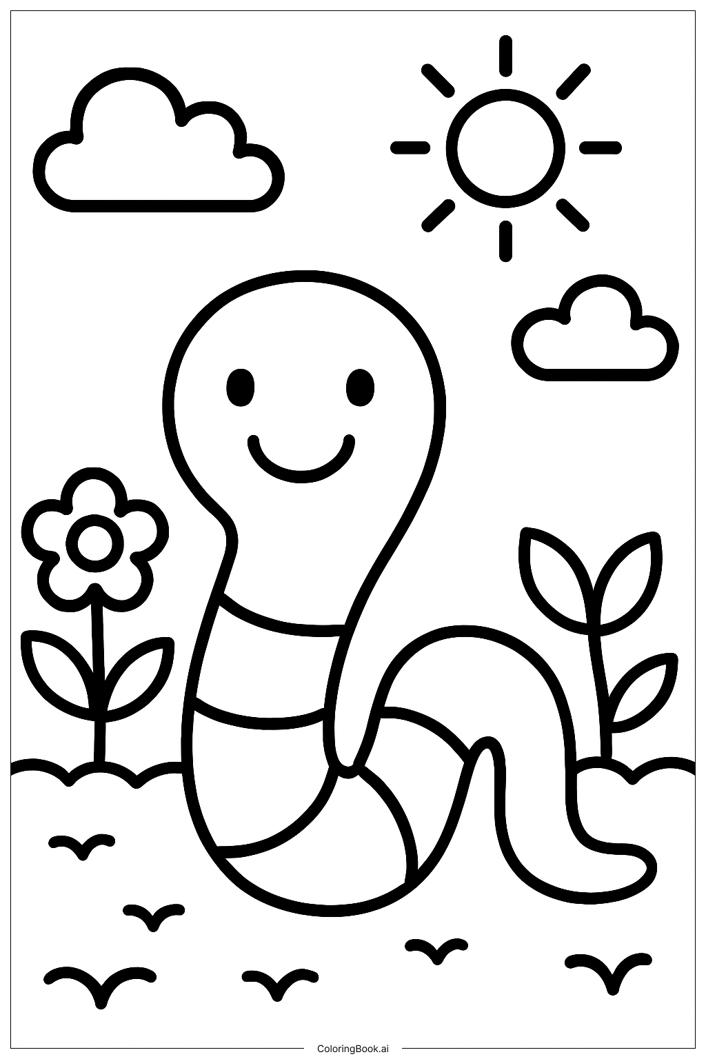  Página para colorir de Uma Minhoca Sorridente no Jardim 