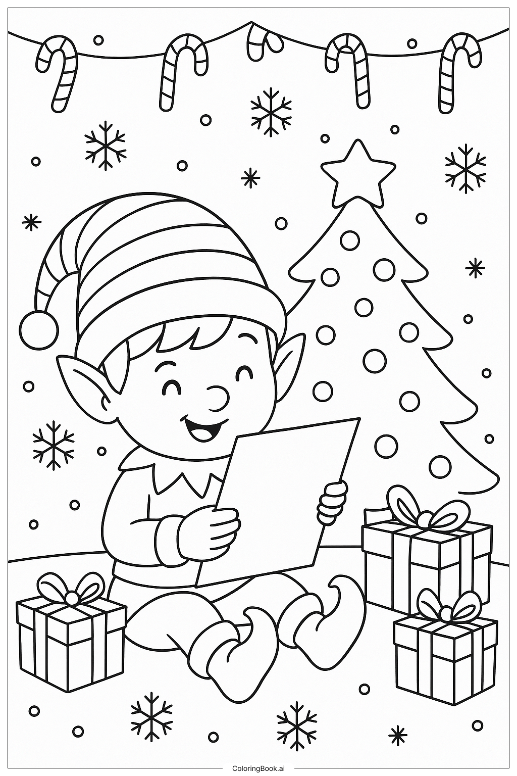  Christmas Elf Reading Letter填色页 