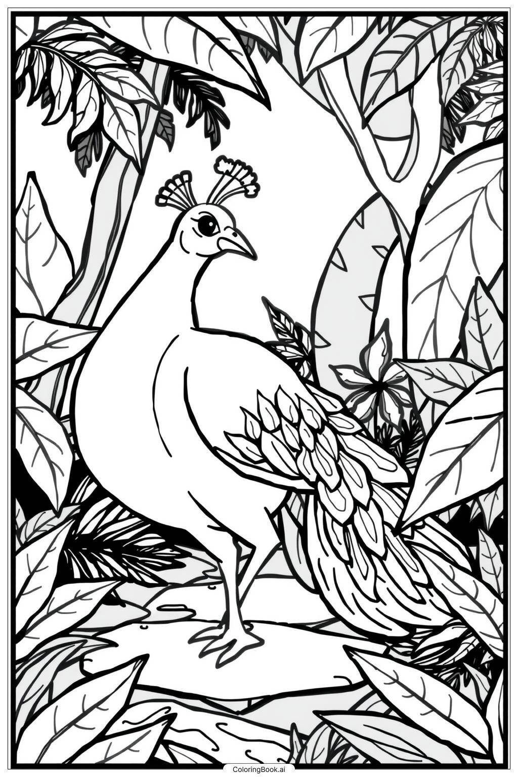  peacock walking through jungle Coloring Page 