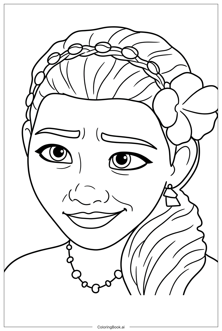  Moana 2 trägt Blumen- und Perlenkopfschmuck Ausmalseite 