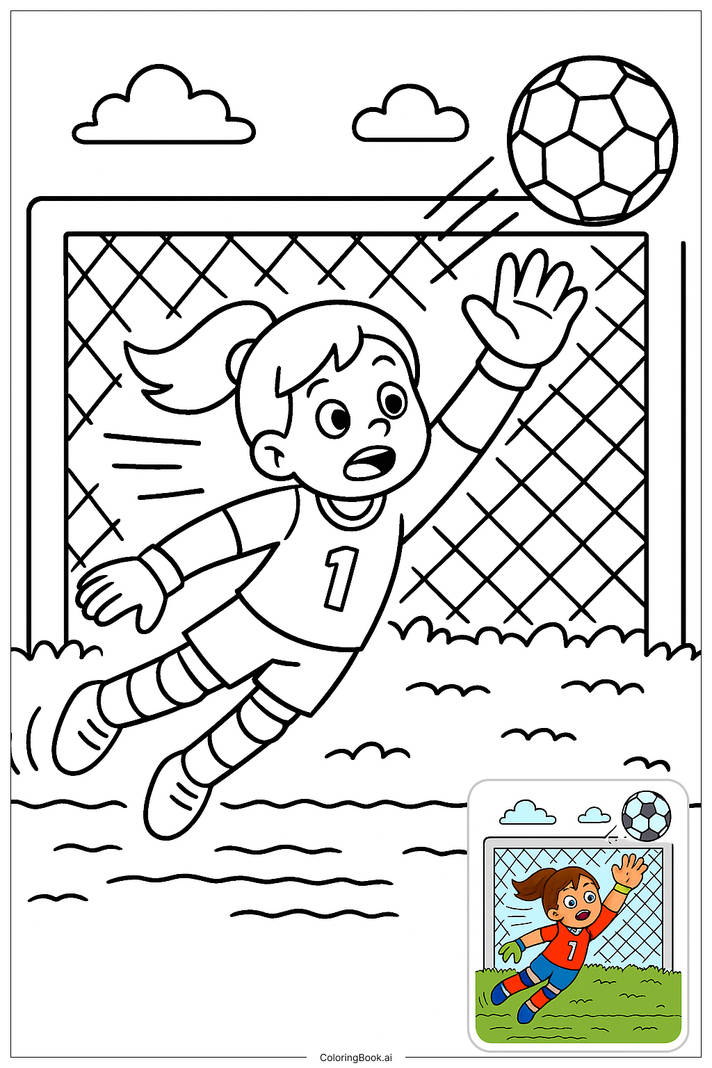  Page de coloriage Fille Gardienne de But Plongeant 