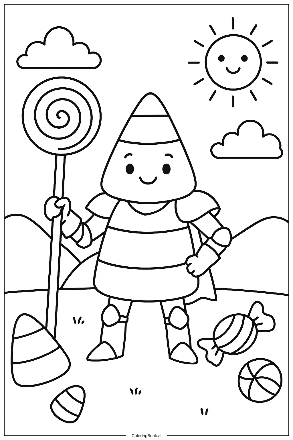  ロリポップの剣を持つキャンディコーンナイトの塗り絵ページ 