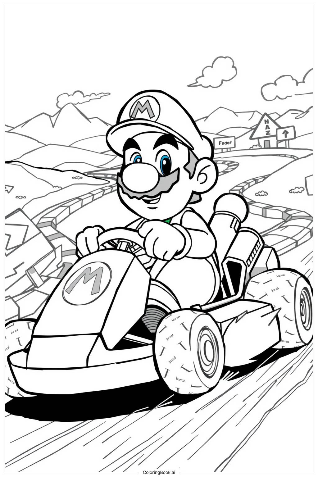  Mario Driving in Mario Kart-2 Coloring Page 