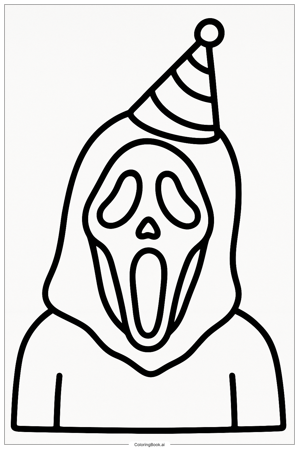  Página para colorear de Ghostface con un Sombrero de Fiesta de Cumpleaños 