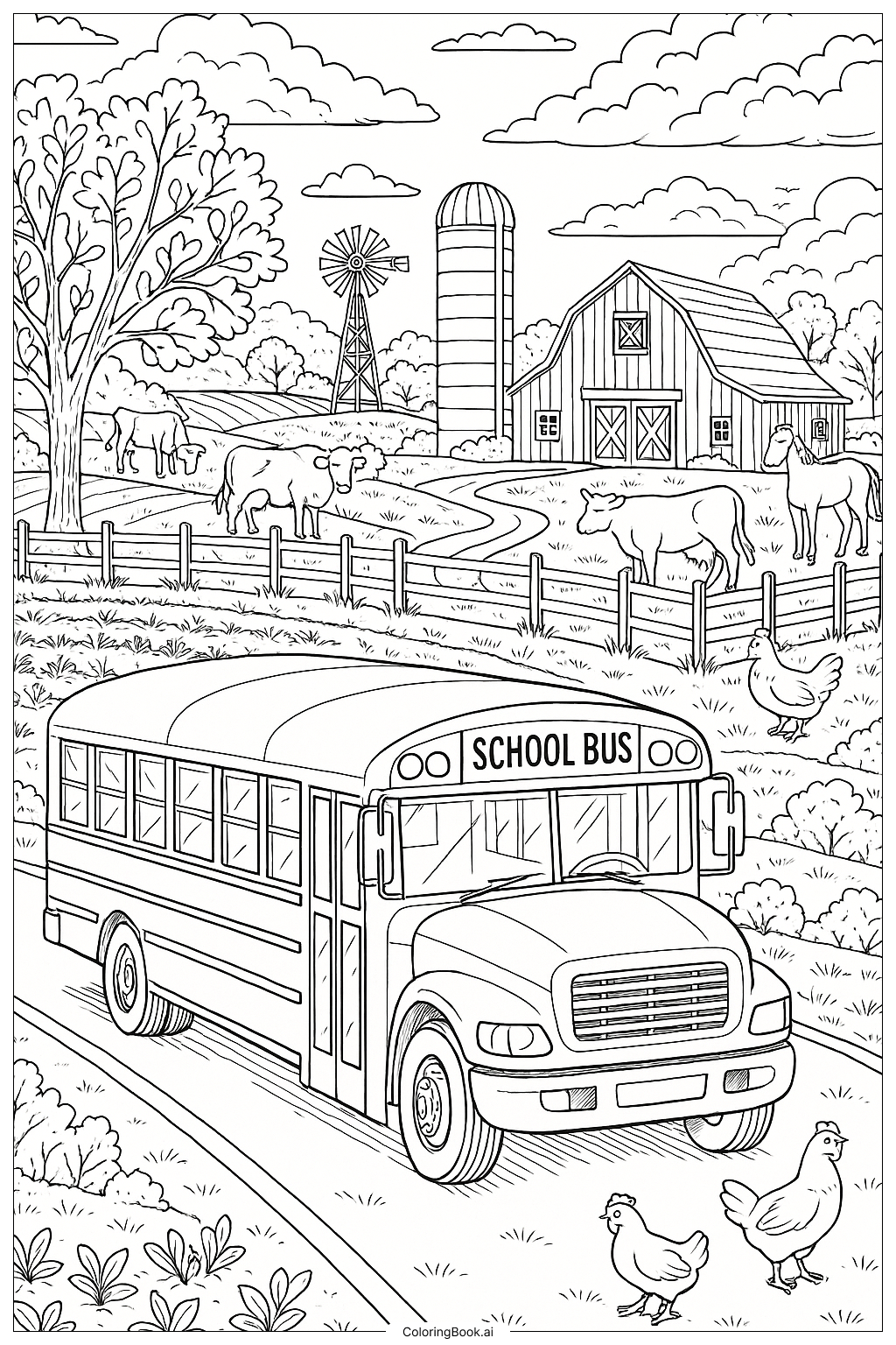  Ein Schulbus fährt an einer detaillierten Farmszene vorbei Ausmalseite 