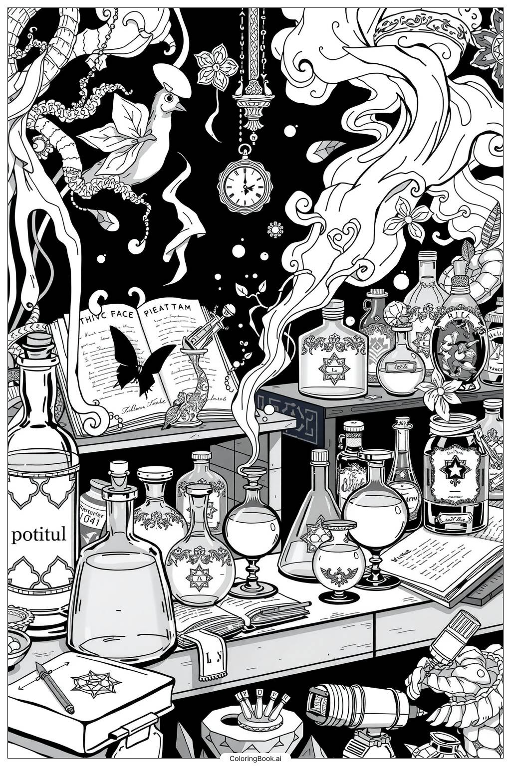  Page de coloriage préparation de potions de sorcière 