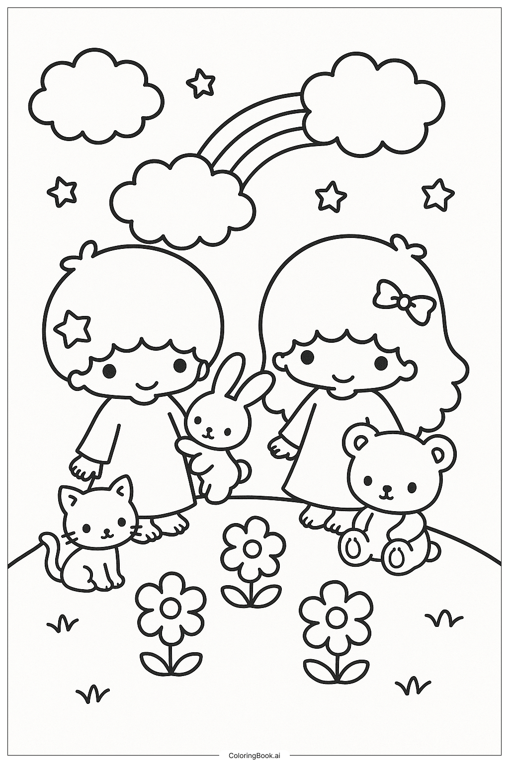  Little Twin Stars With Their Animal Friends Coloring Page 
