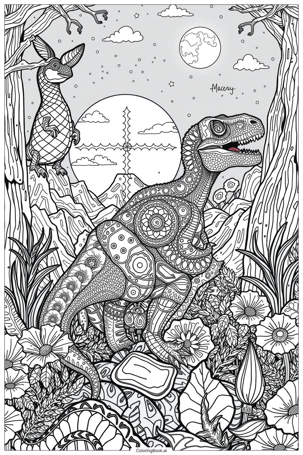  Dinosaur Night Adventure Coloring Page 