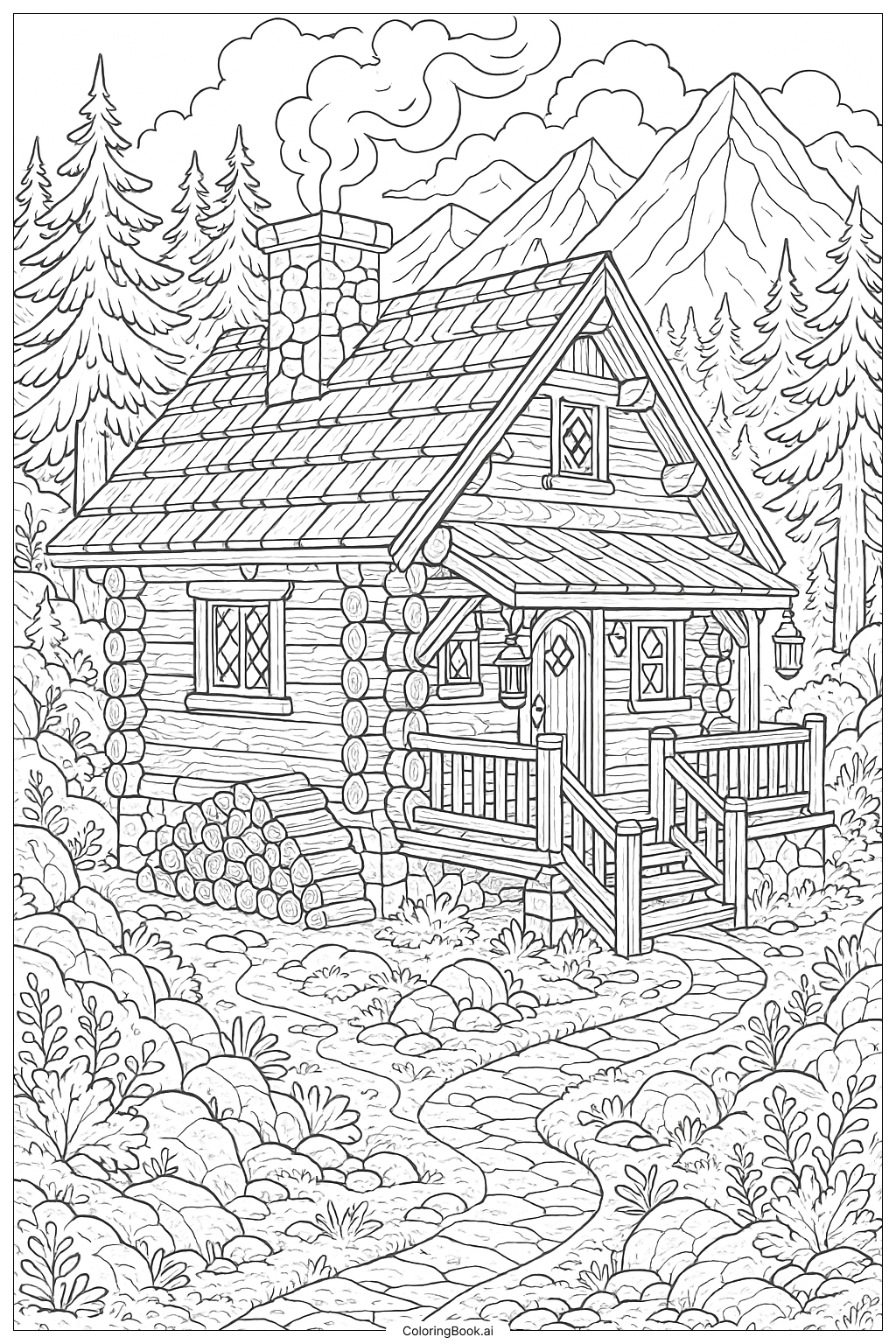 An Intricate Cozy Cabin In The Mountains Coloring Page 