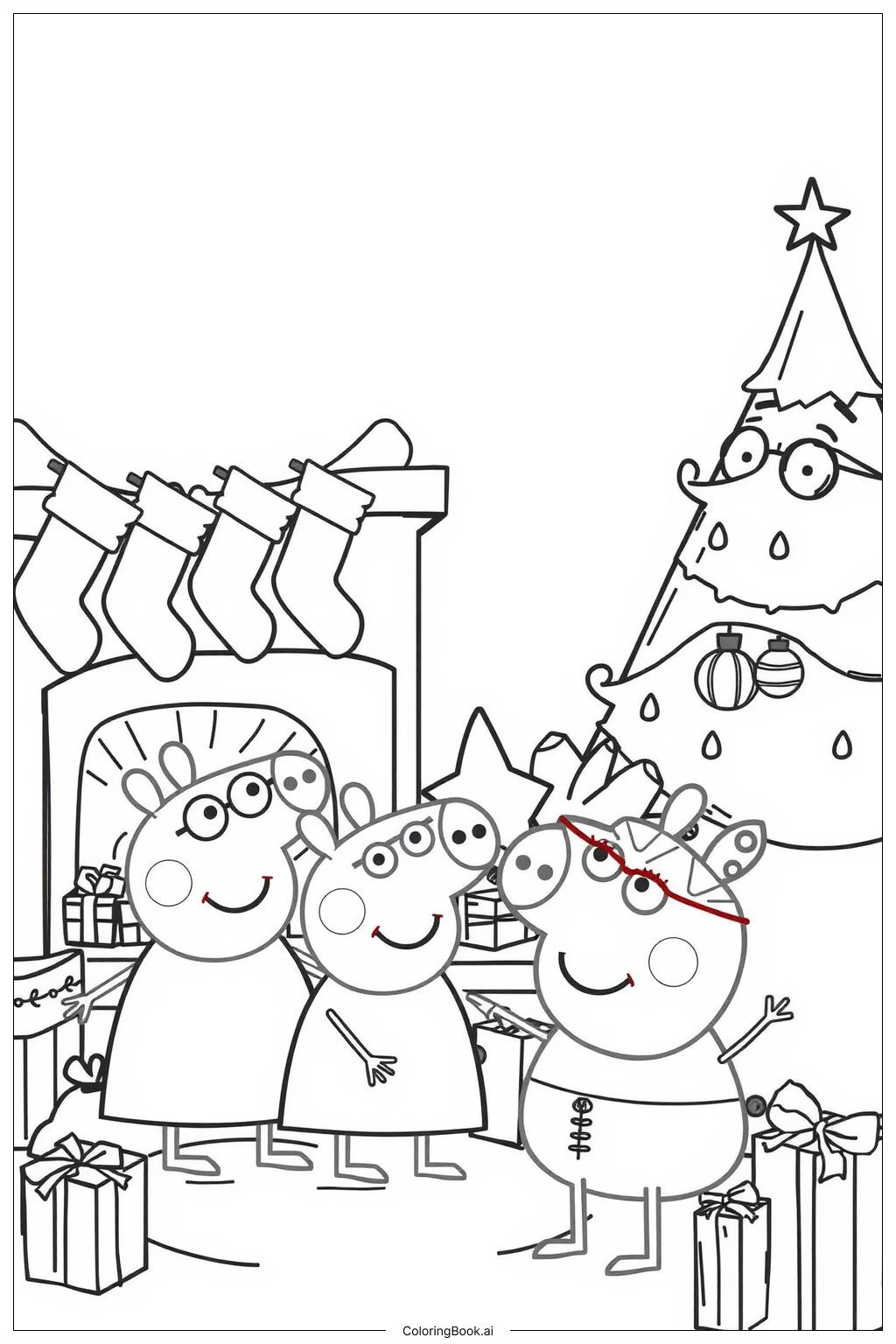  Página para colorear de la familia de Peppa Pig celebrando la Navidad alrededor de la chimenea 