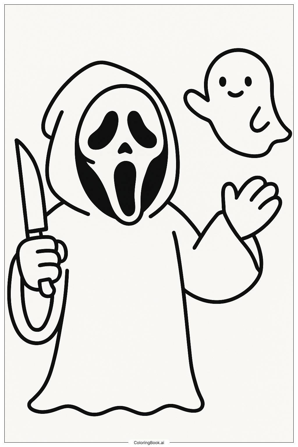  Página para colorear de Ghostface y un pequeño fantasma adorable 