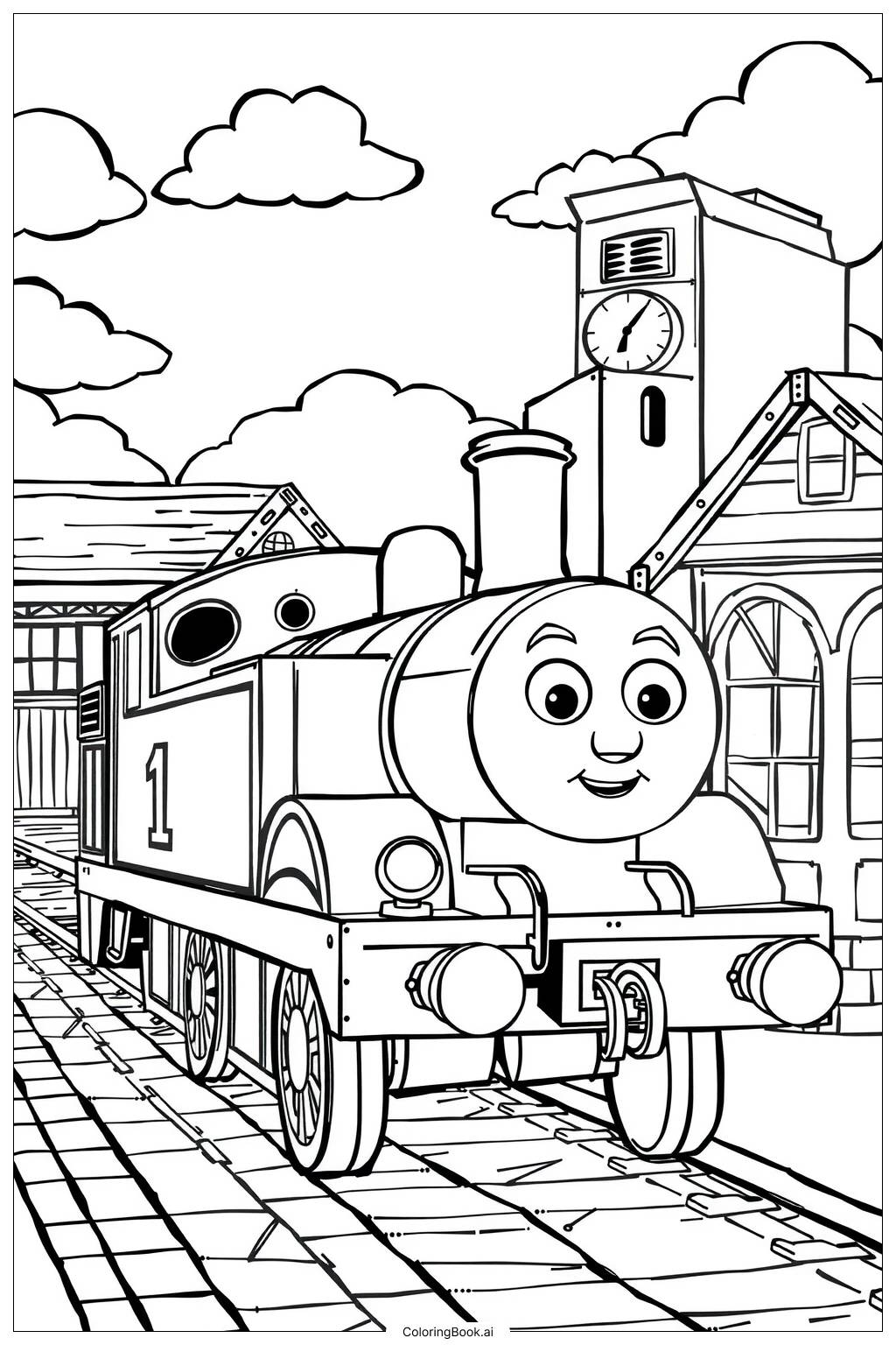  Página para colorir de thomas o trem e amigos em uma estação movimentada 