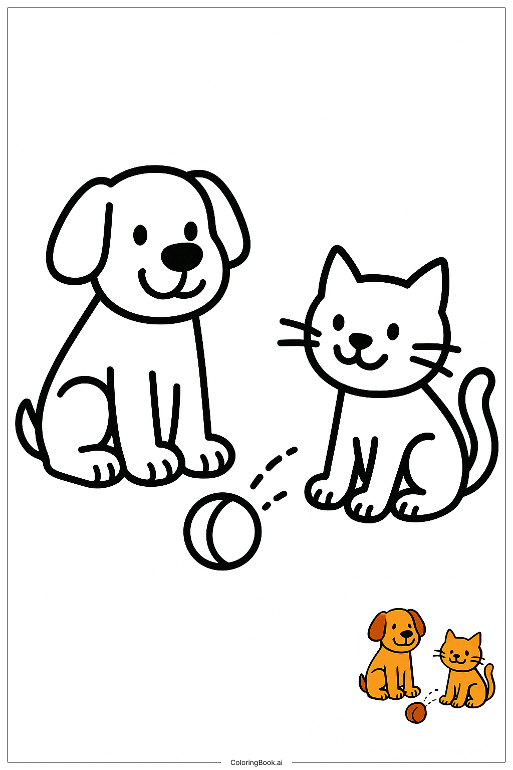  狗和猫一起玩耍填色页 