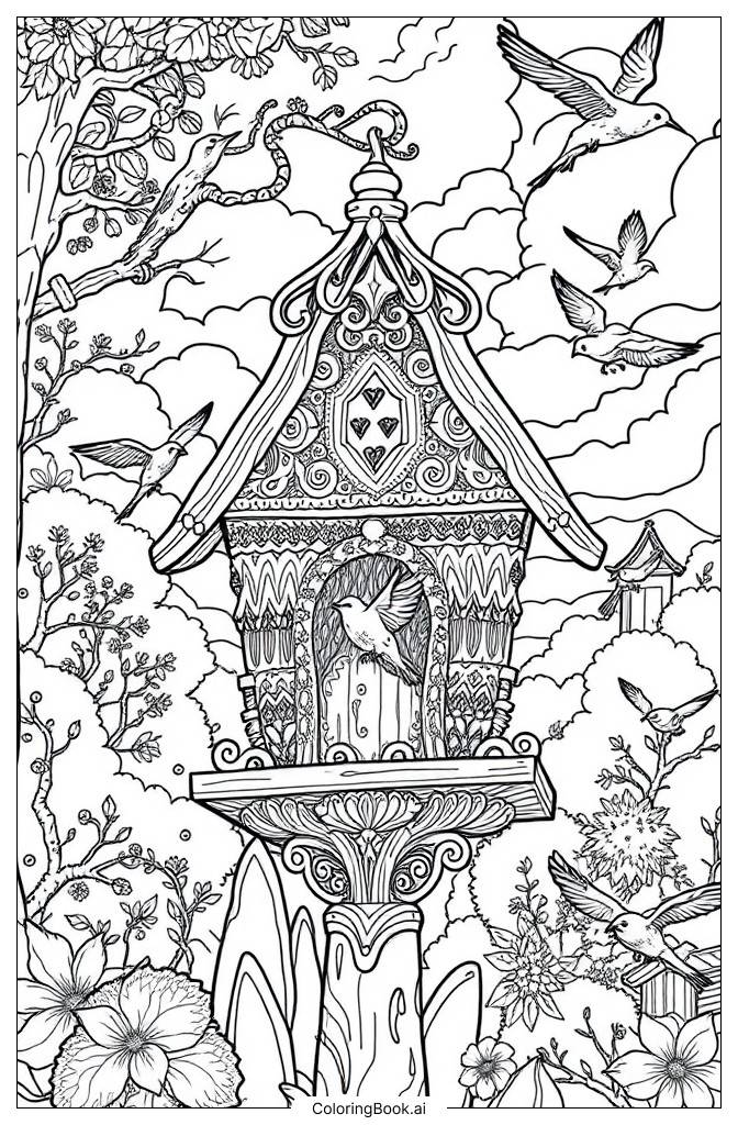  Bird house Coloring Page 