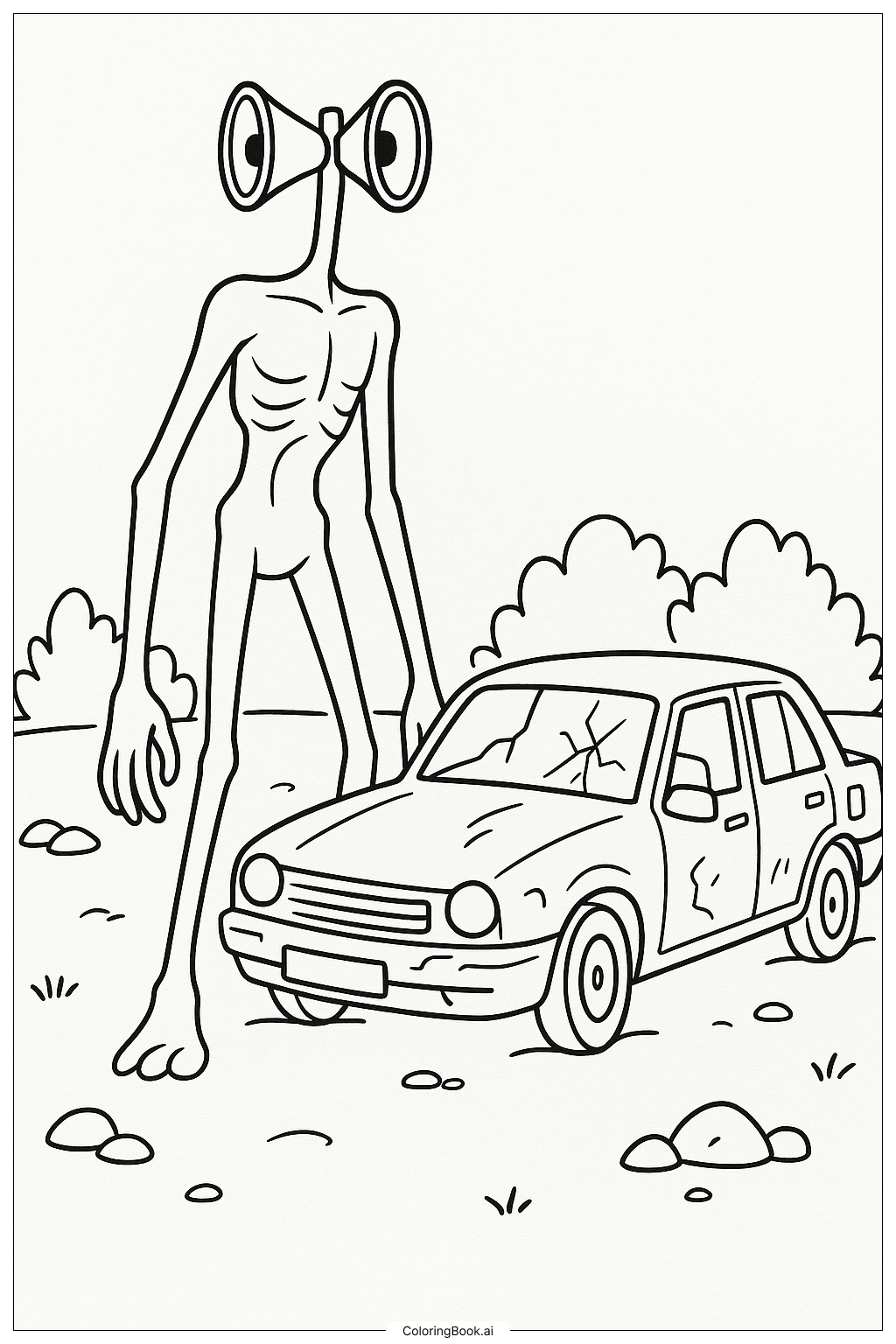  Page de coloriage Siren Head Près d'une Voiture Abandonnée 