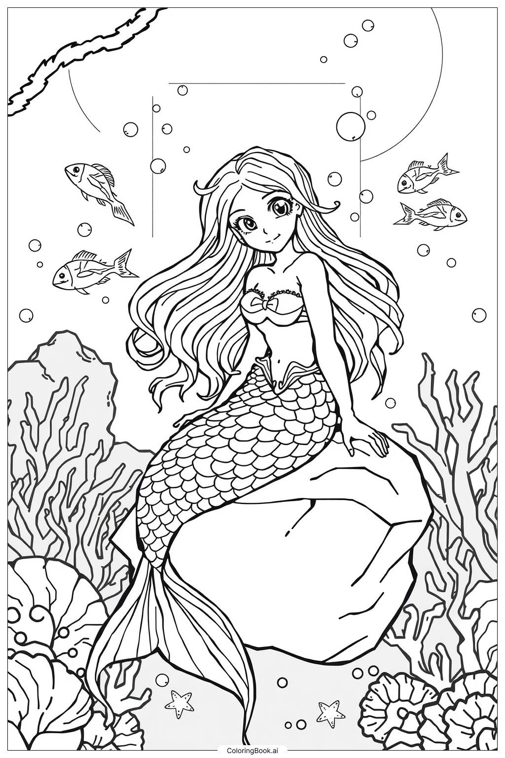  Página para colorear de Sirena Hermosa Encantada-2 