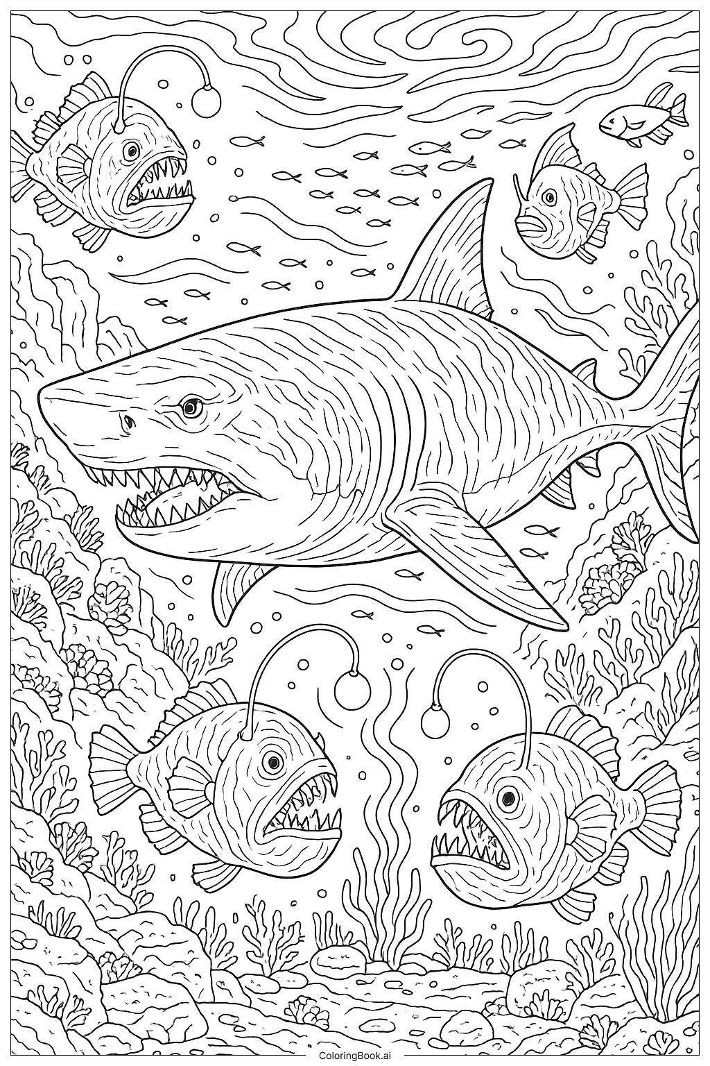  Megalodon in der Tiefsee mit Anglerfisch Ausmalseite 