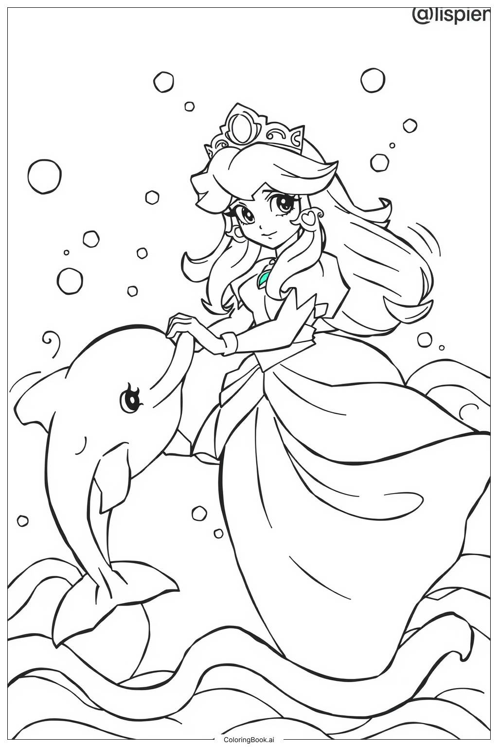  Page de coloriage Princesse Peach nageant avec des dauphins 