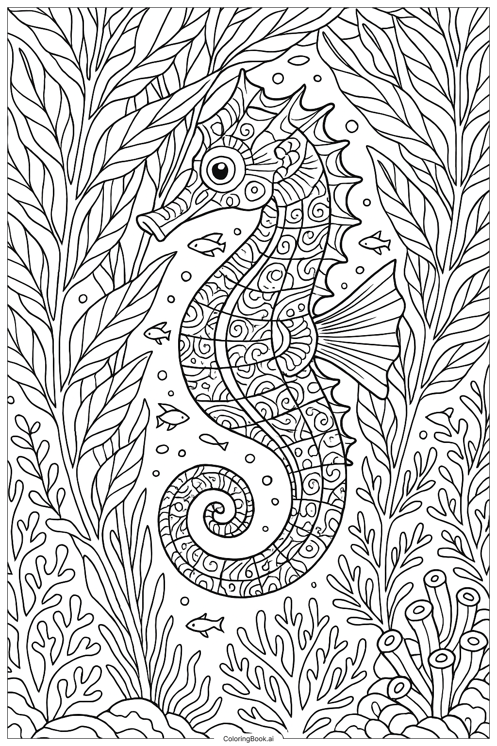 Seahorse In A Dense Kelp Forest Coloring Page