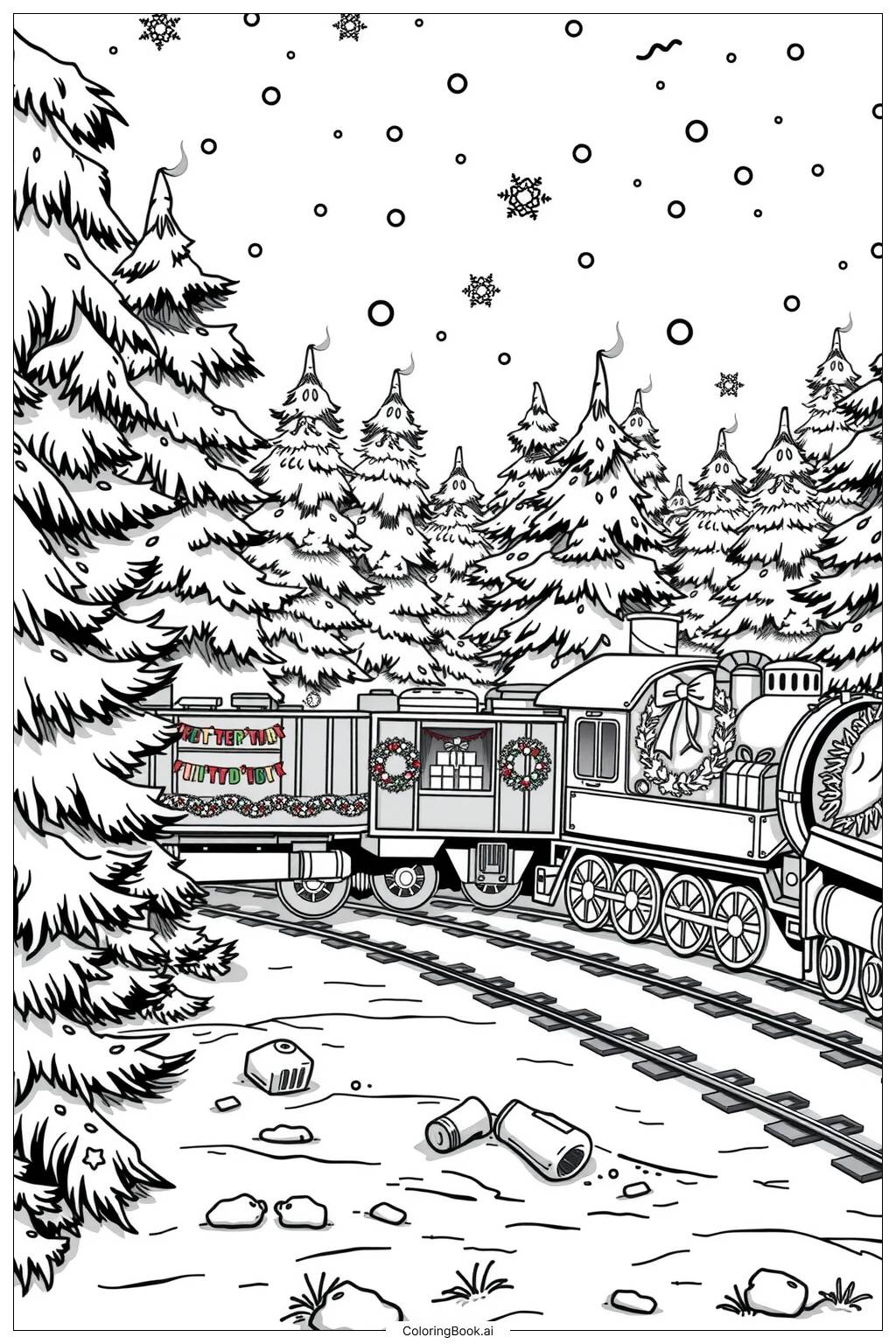  Página para colorir de trem de natal viajando por uma floresta nevada-2 