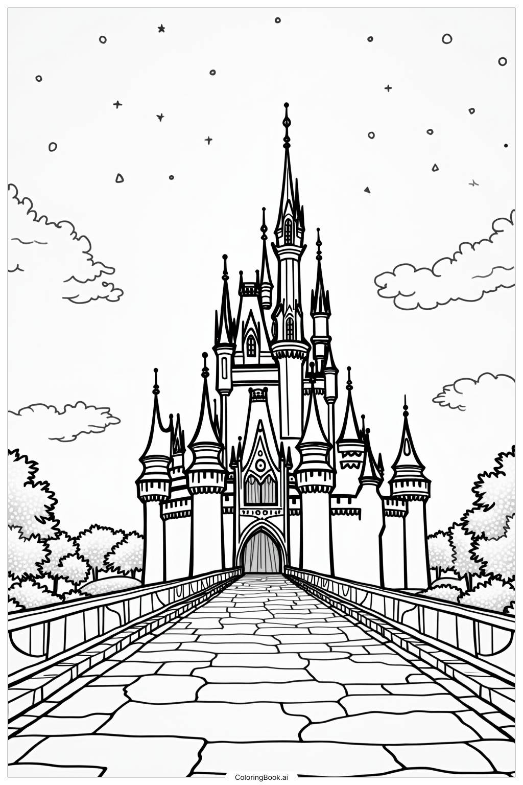  Página para colorear de Castillo de Disney en el Cielo Nocturno 