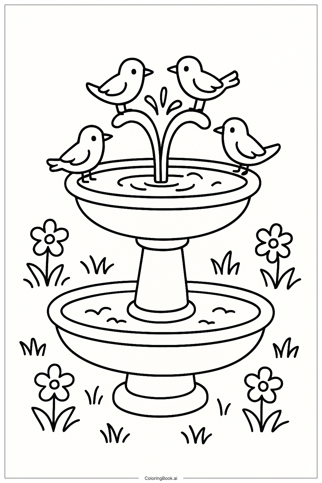 Página para colorir de Uma Fonte de Jardim com Pássaros 