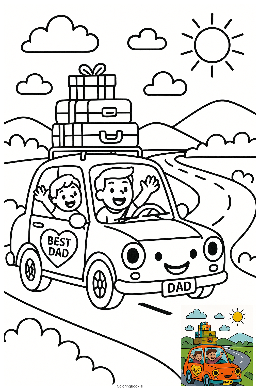  Página para colorir de Viagem de Carro no Dia dos Pais 