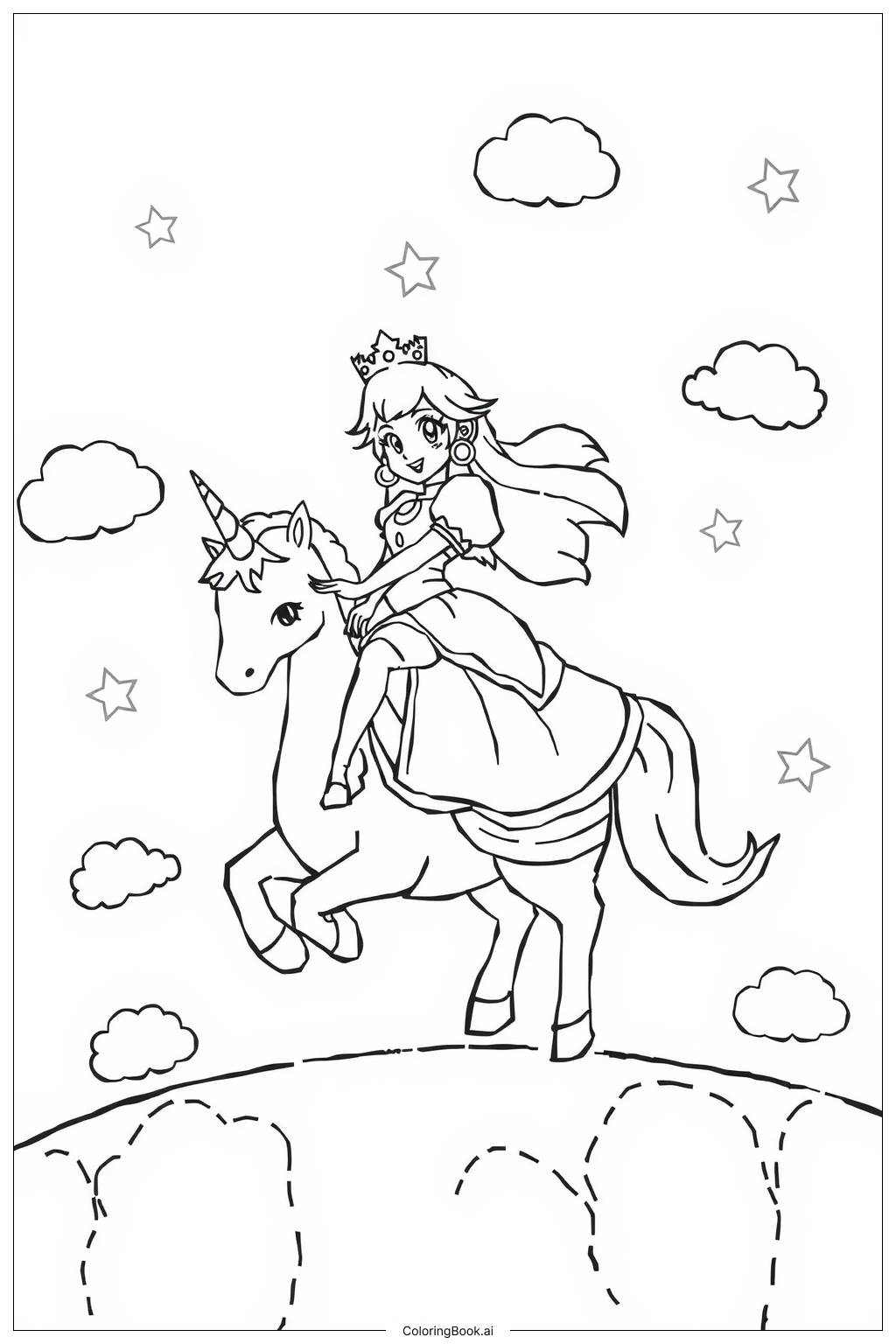  Prinzessin Peach reitet auf einem Einhorn durch die Wolken Ausmalseite 