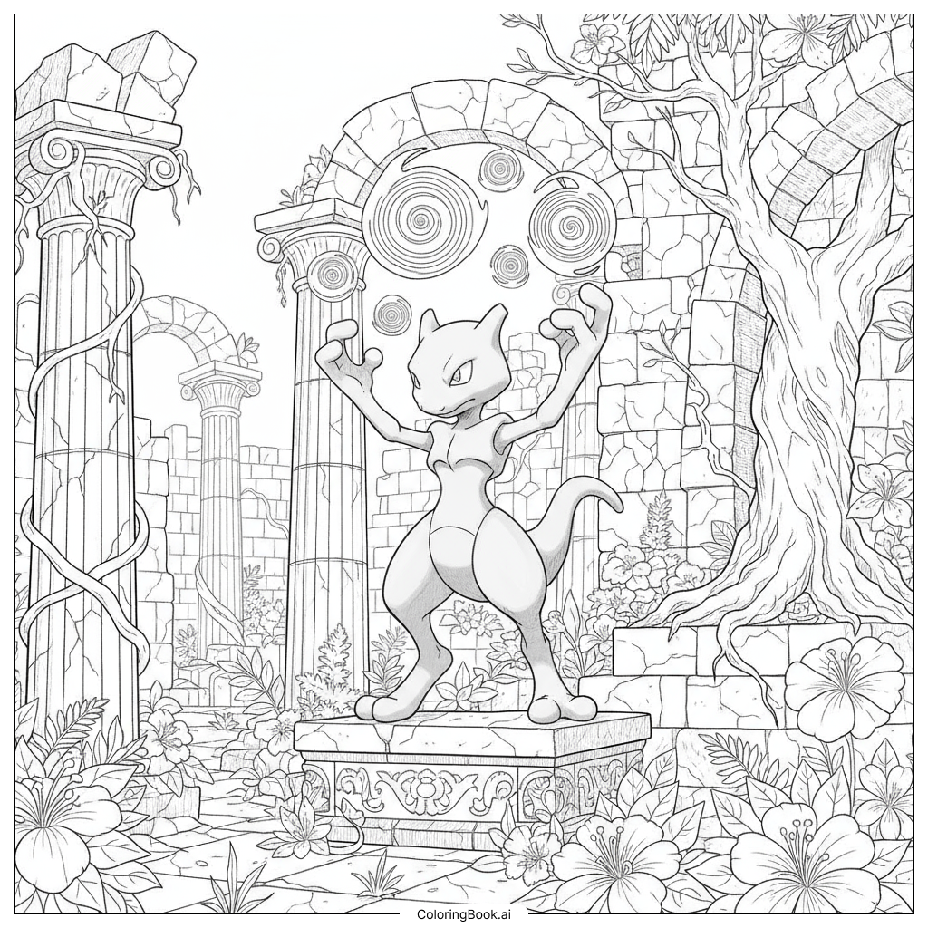  Page de coloriage Mewtwo utilisant des pouvoirs psychiques dans des ruines anciennes fleuries 