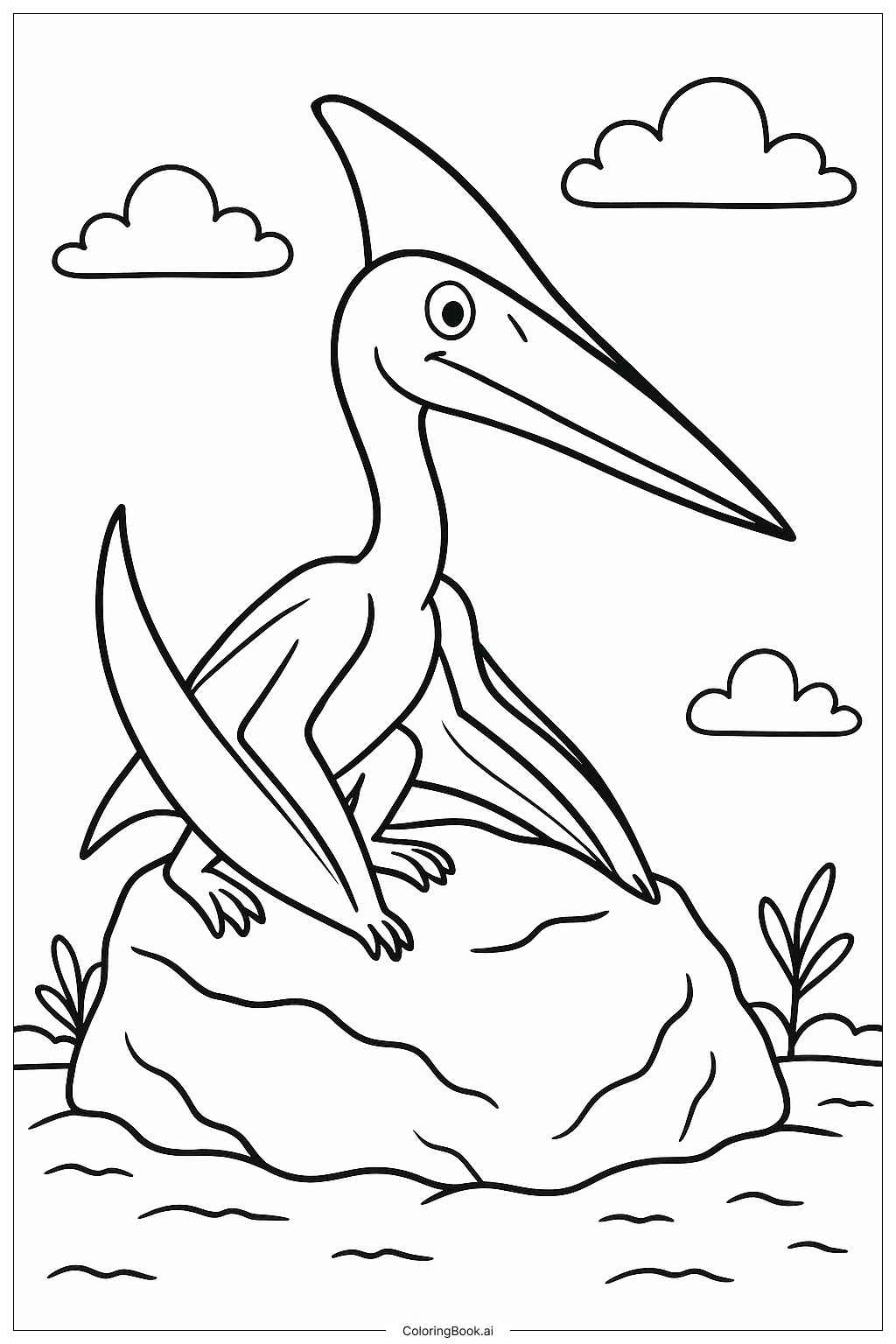  Página para colorear de Quetzalcoatlus Descansando Sobre Una Roca 