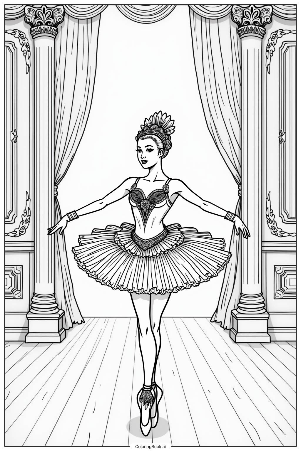  Page de coloriage Ballerine réaliste en costume de Lac des cygnes 