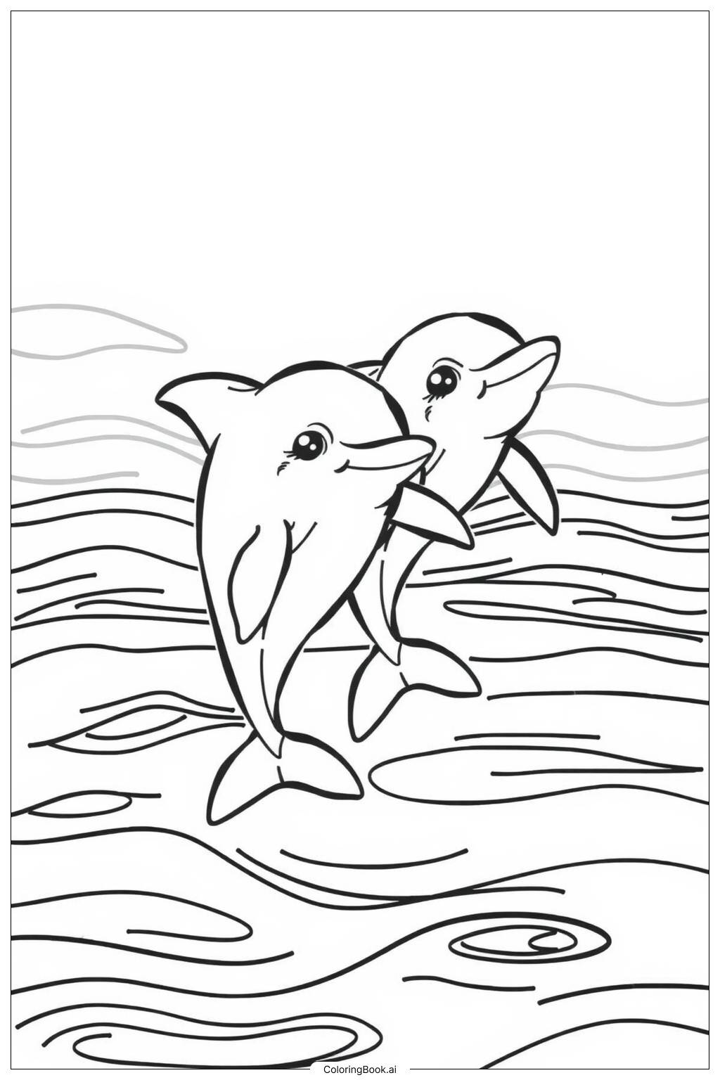  Page de coloriage Dauphins Amusants Surfant sur les Vagues 