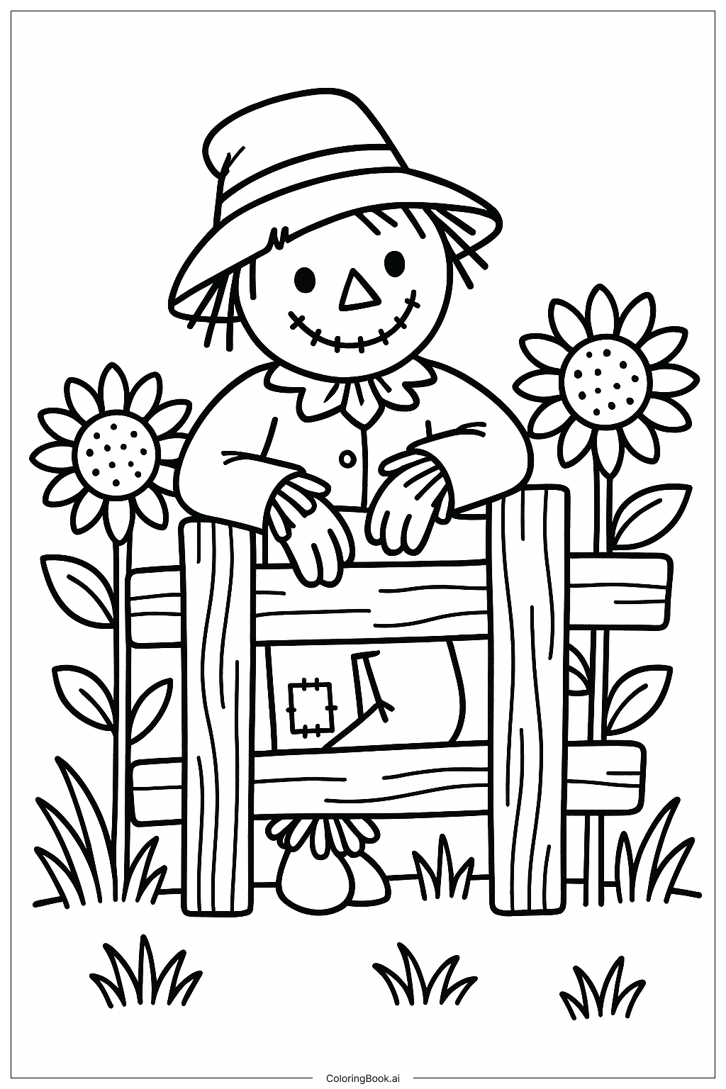  Scarecrow Leaning On A Wooden Fenceの塗り絵ページ 
