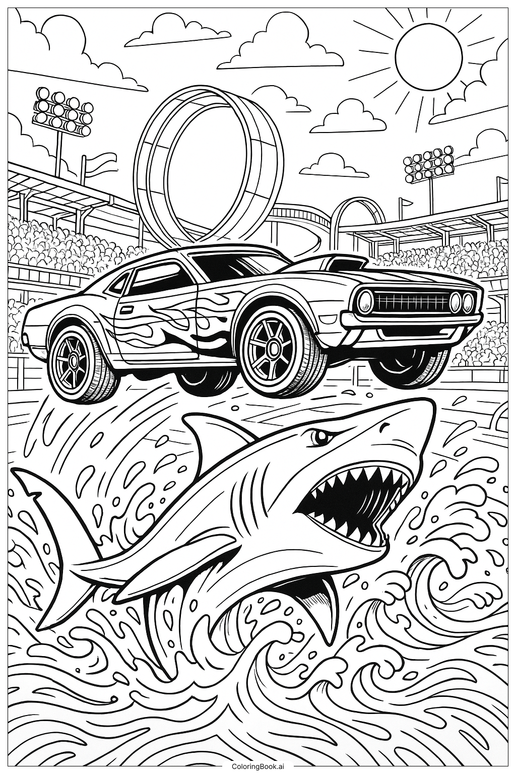 Hot Wheels Car Jumping Over A Shark Coloring Page Free PDF PNG Printable 