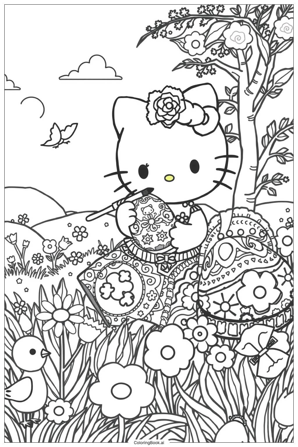  Página para colorir de hello kitty comemorando a Páscoa com ovos 