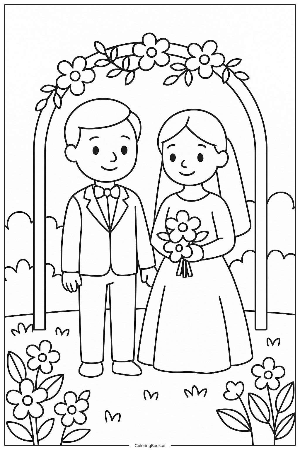  庭園での結婚式の塗り絵ページ 