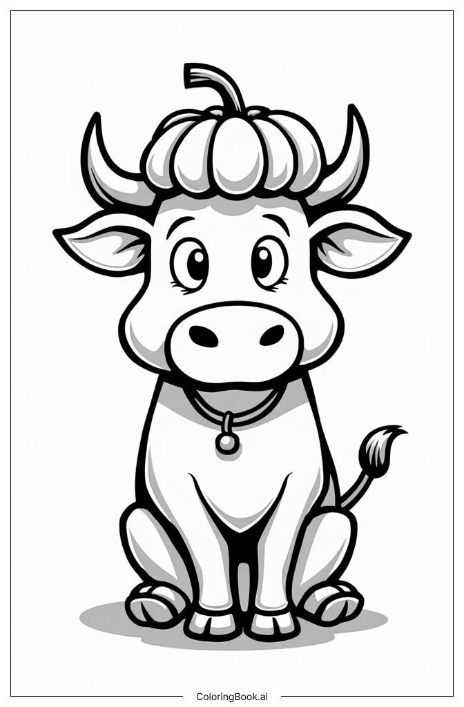  Cow wearing a Halloween pumpkin hat Coloring Page 