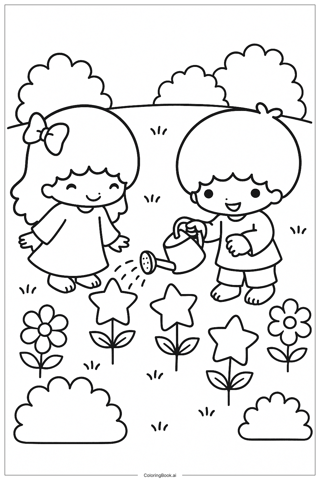  Little Twin Stars Watering Star Flowers In A Garden Coloring Page 