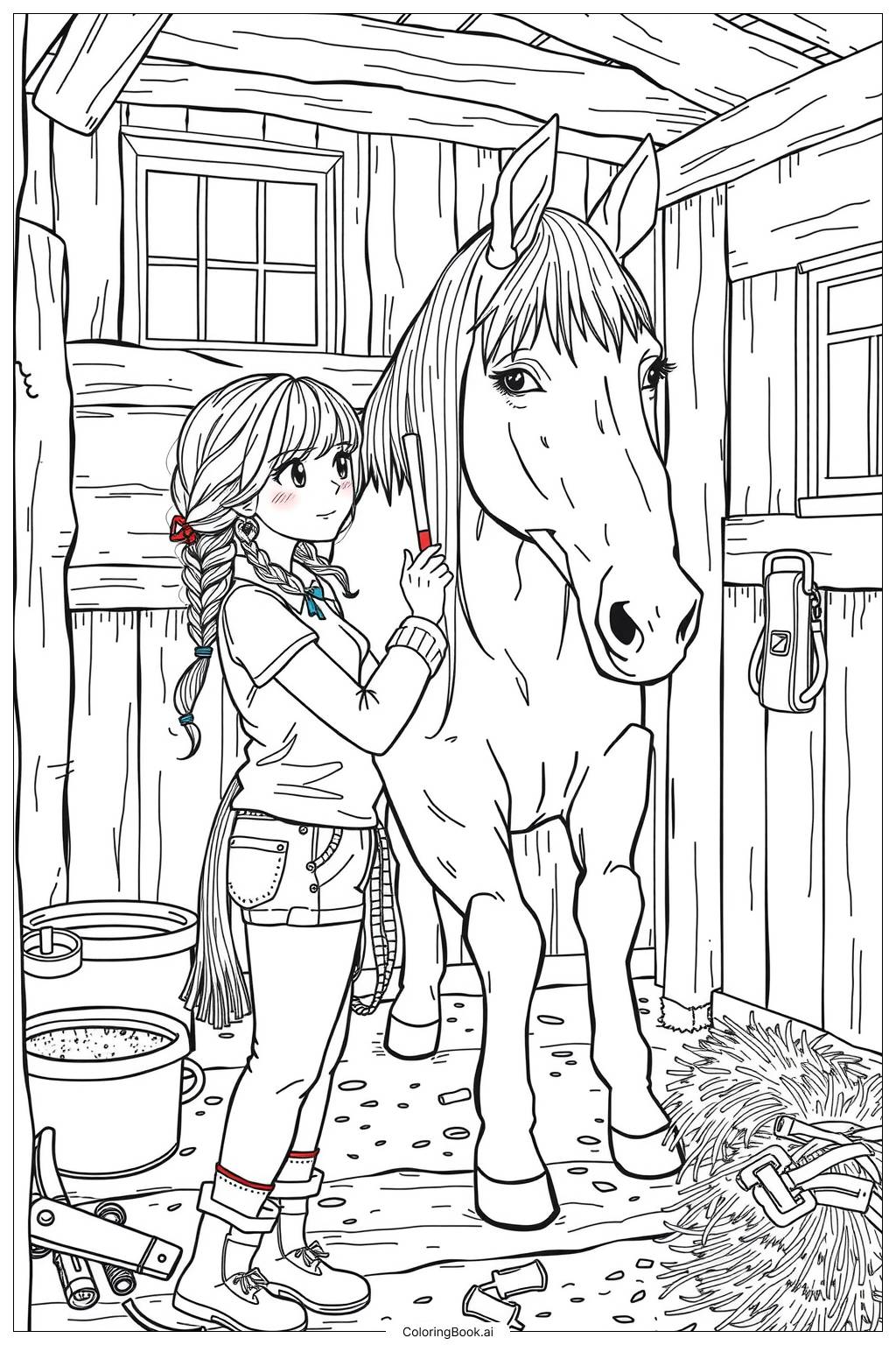  Page de coloriage Fille s'occupant de son cheval - 2 