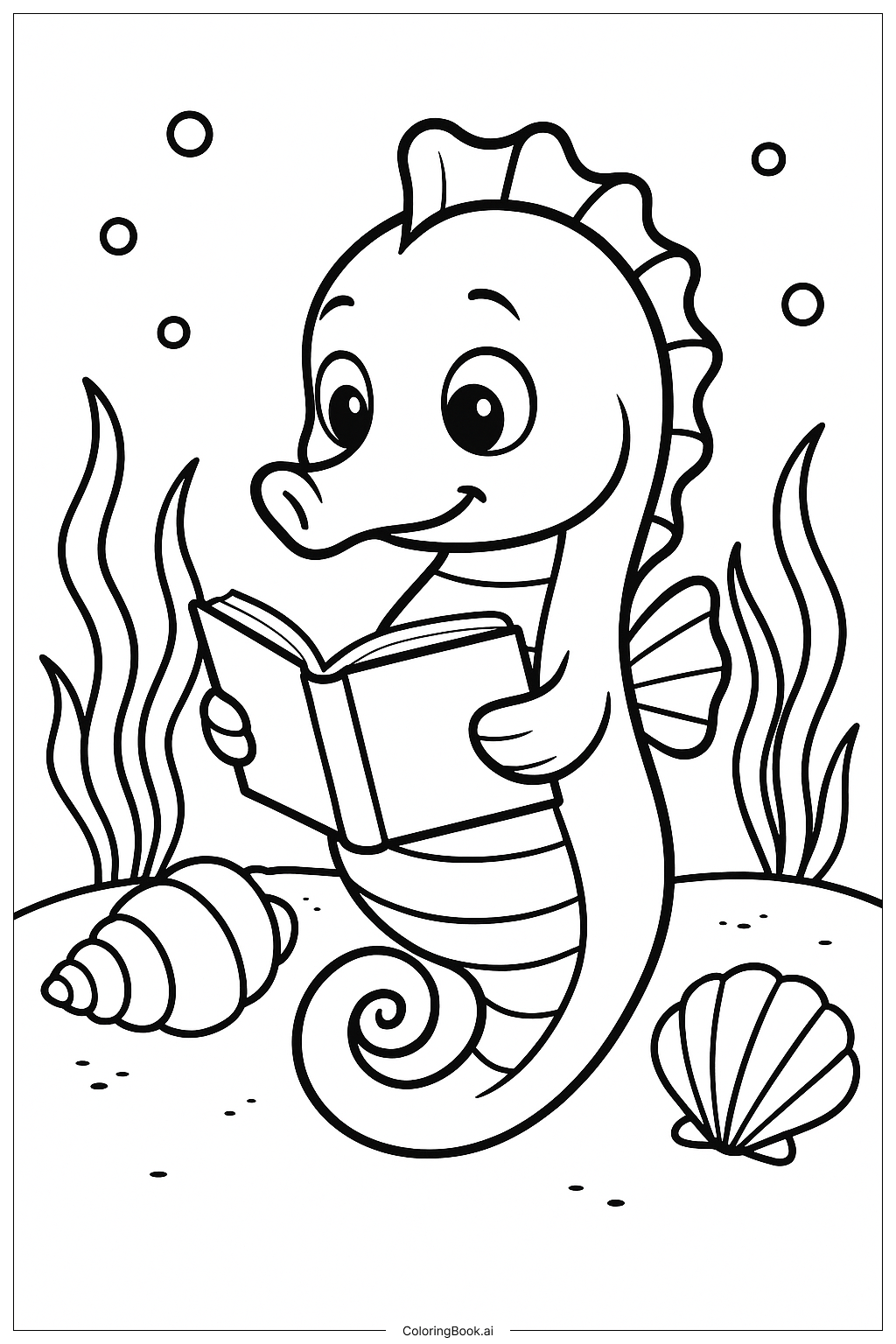 Página para colorear de Un caballito de mar estudioso leyendo un libro