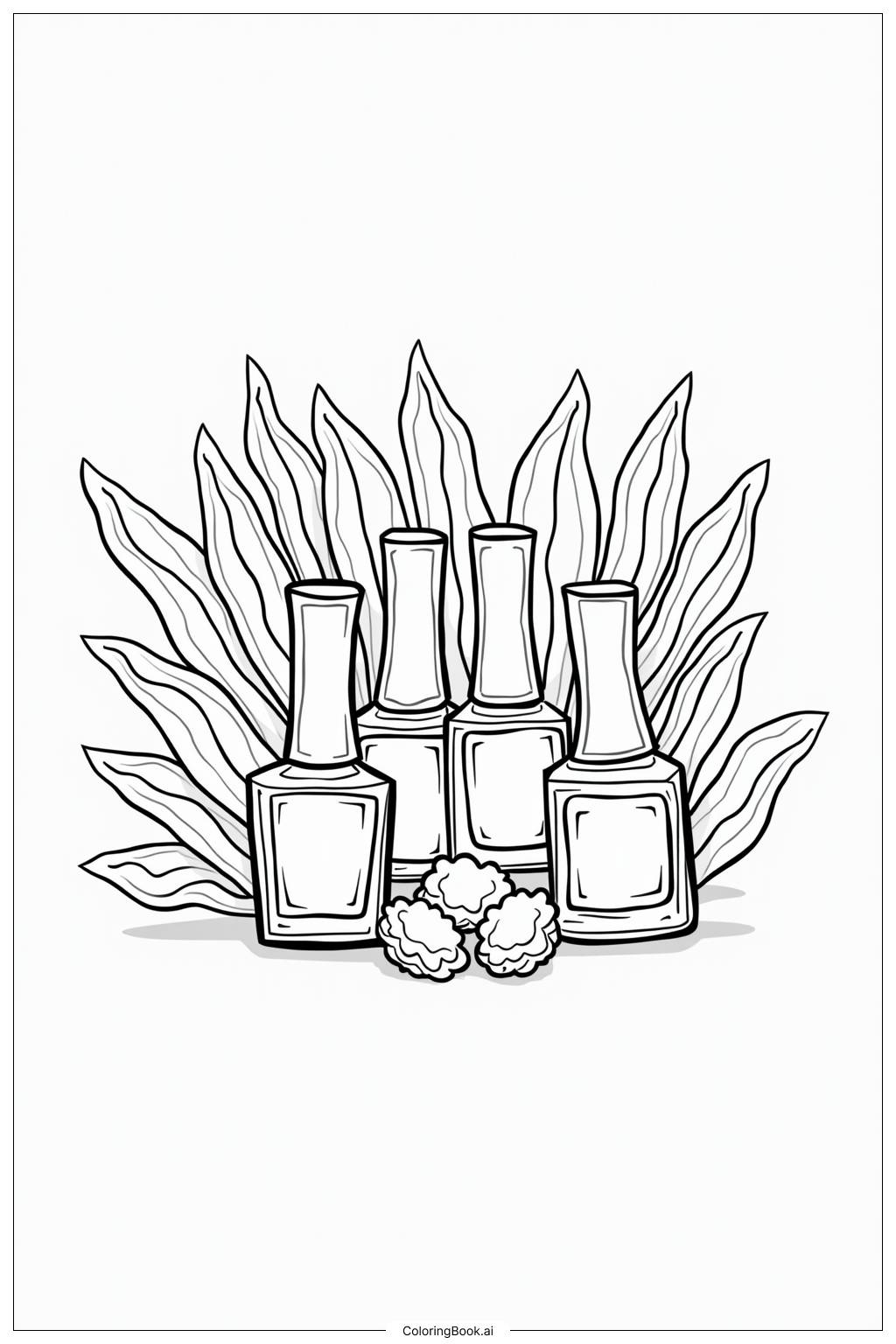  Page de coloriage Ongles entourés de bouteilles de vernis à ongles 