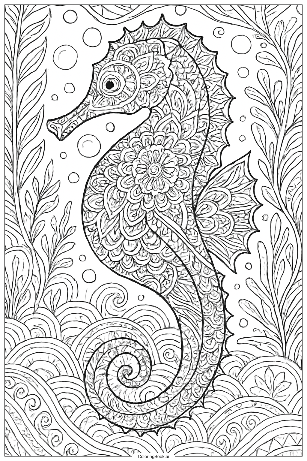 Página para colorear de Patrón Intrincado de Caballito de Mar Mandala