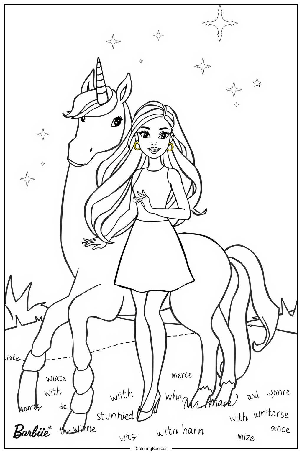  Página para colorear de aventura de unicornio de barbie 