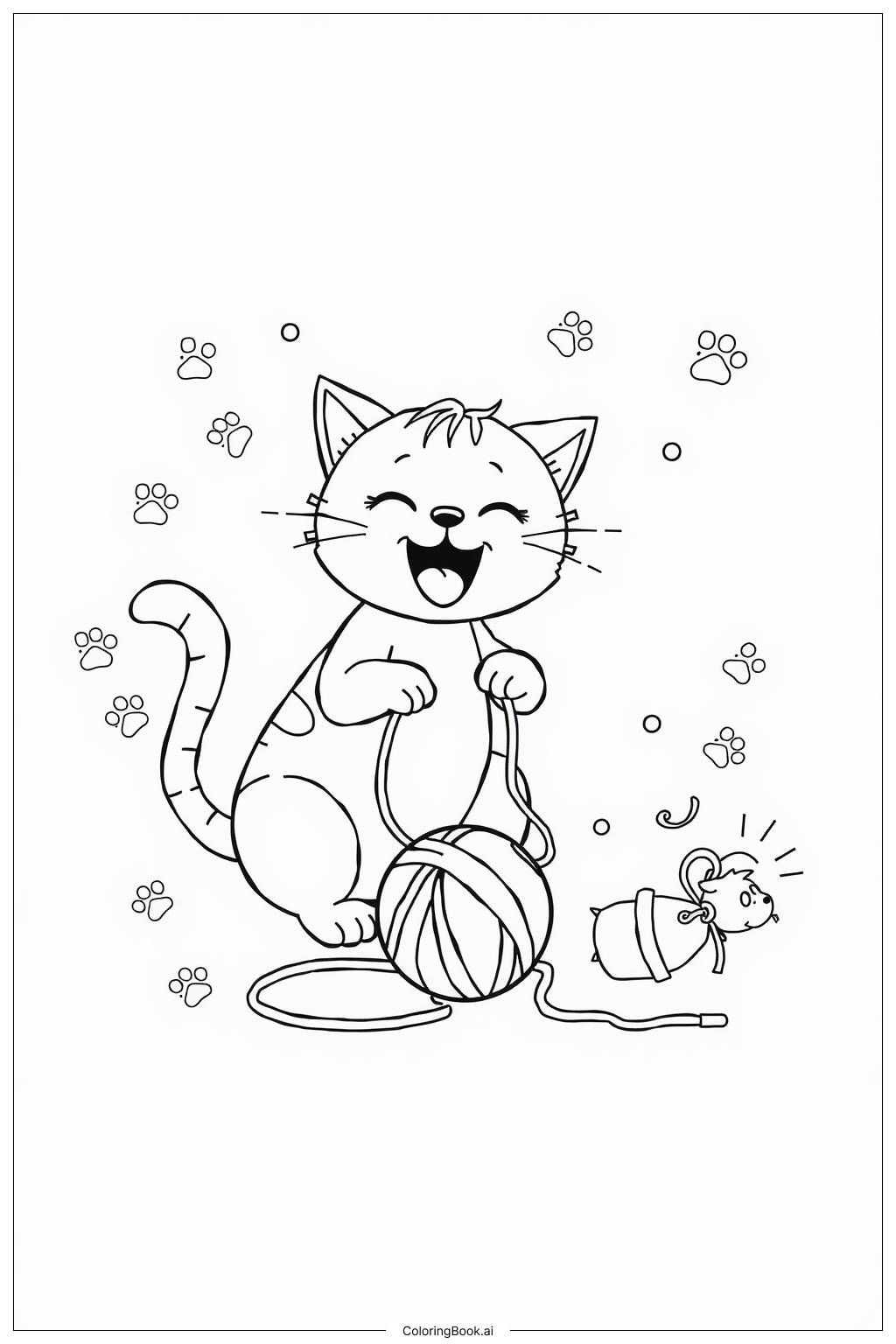  Page de coloriage Chat jouant avec de la laine 