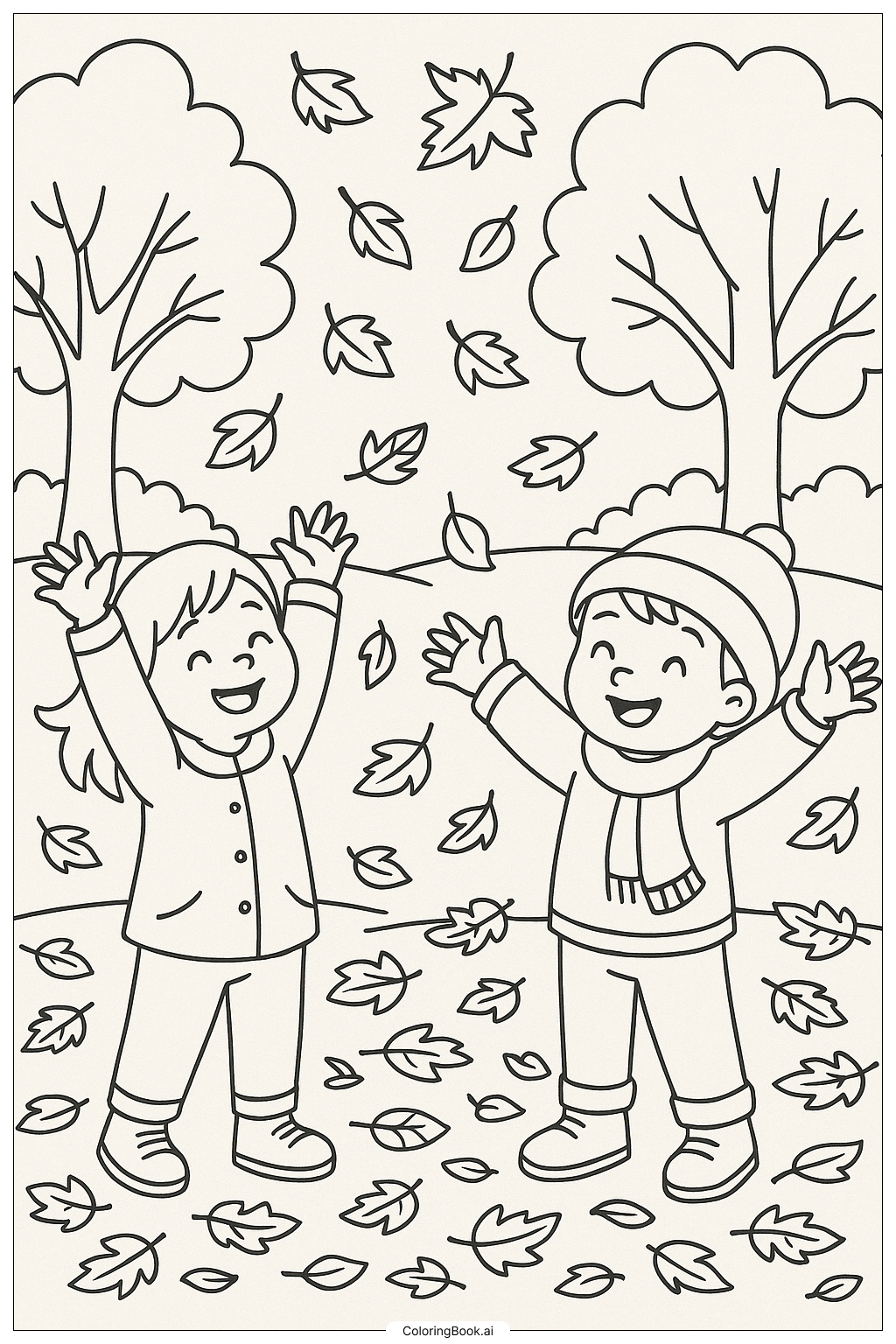  Kinder spielen im herbstlichen Laub Ausmalseite 