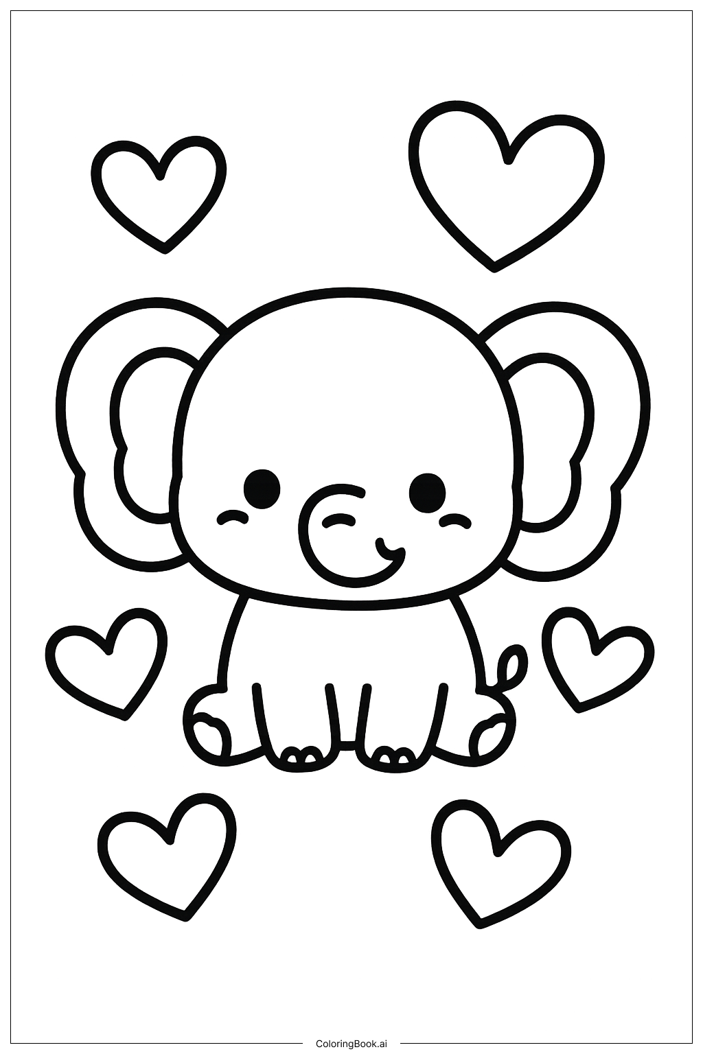  Kawaii Elephant with Hearts Coloring Page 