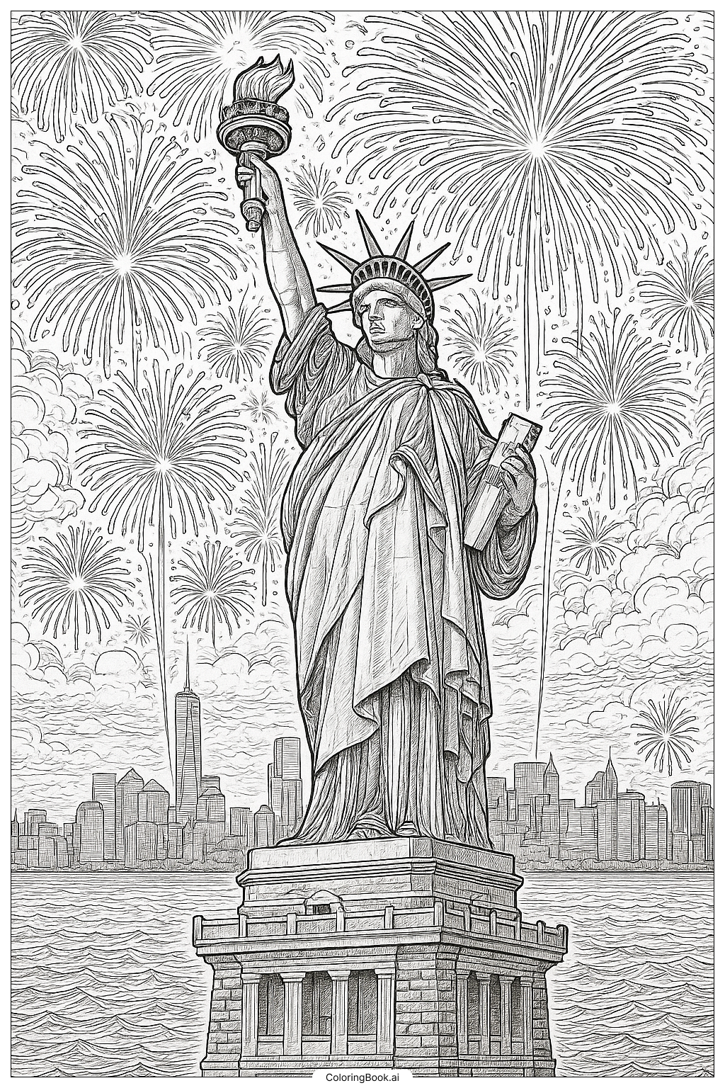Majestic Fireworks Over The Statue Of Liberty Coloring Page